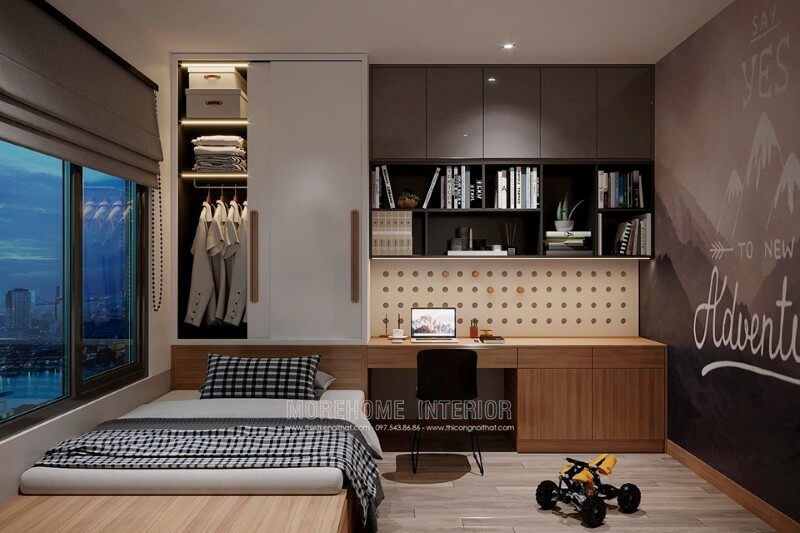 Giường ngủ gỗ công nghiệp thiết kế thông minh với việc tích hợp kệ tủ đựng đồ phía dưới giường.