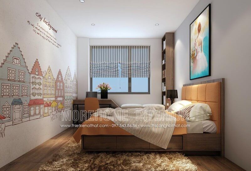 Tone màu trầm đóng vai trò chủ đạo, giường ngủ gỗ công nghiệp được coi là điểm nhấn ấn tượng cho cả không gian